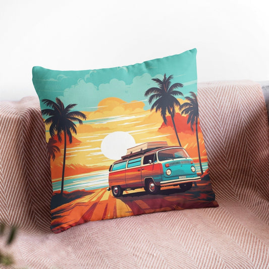Retro Camping Van Throw Pillow, Bohemian Home Decor Cushion Cover by - BigCamp Store